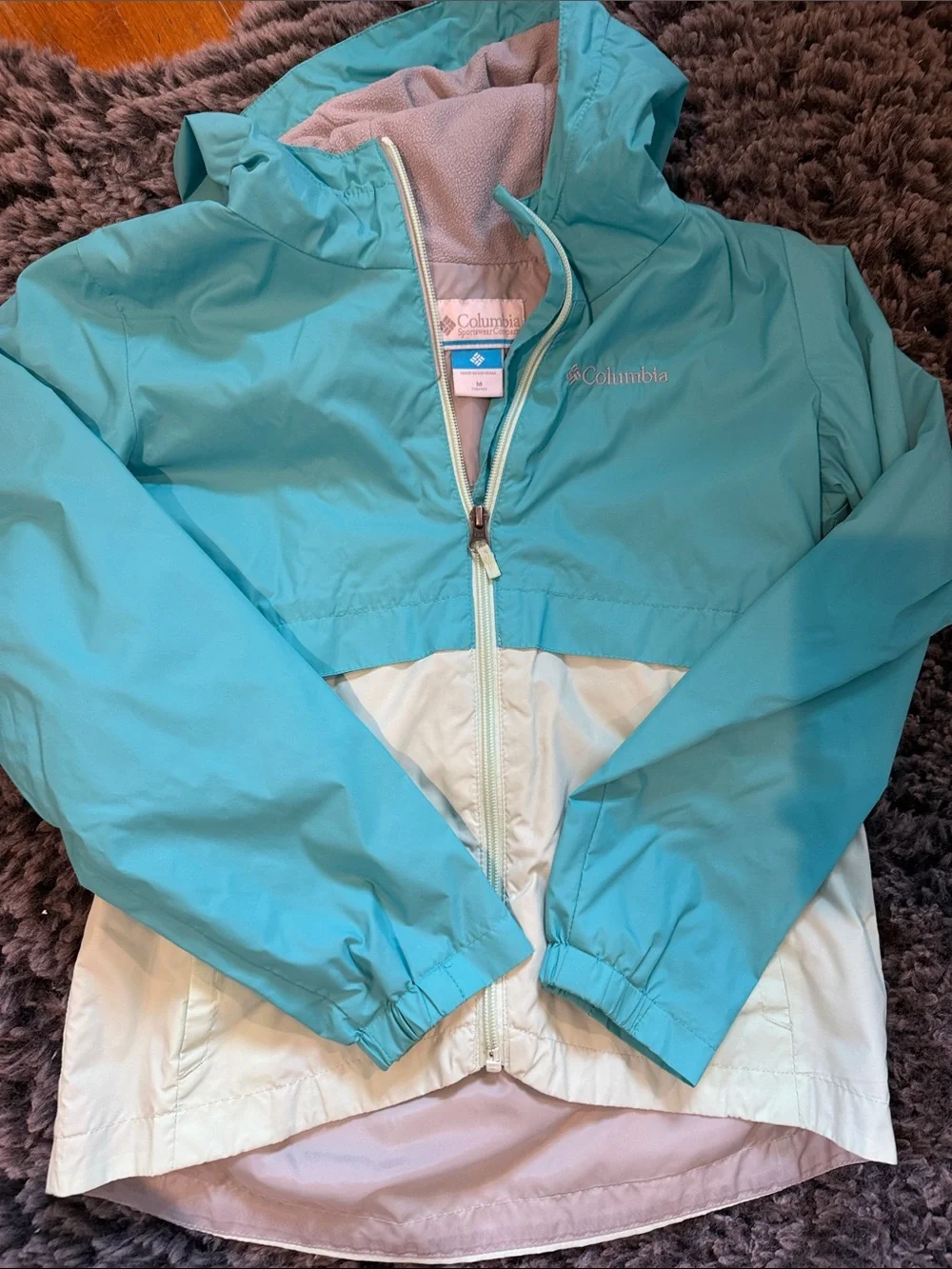 Columbia Girls' Teal and Cream Hooded Rain Jacket